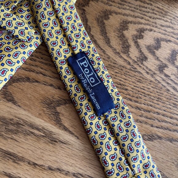 Polo Ralph Lauren Silk Neck Tie Yellow Paisley Smooth Foulard Hand Made in Italy - Picture 4 of 6